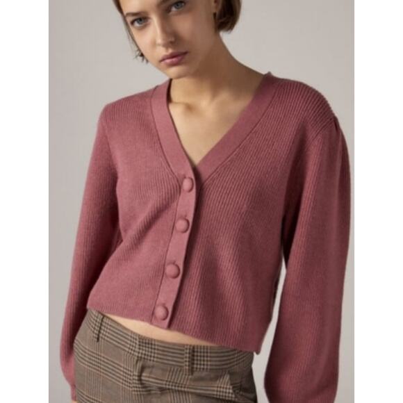 ZARA Mauve Balloon Sleeve V-Neck Cropped Button Chunky Knit Cardigan Sweater M - Picture 1 of 11